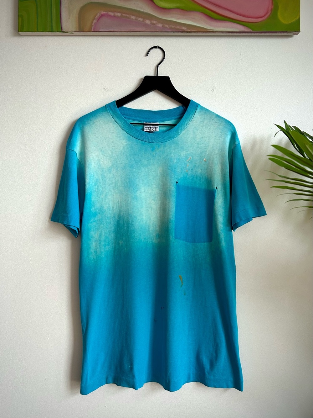 Vintage 1990s Sky Blue Sunfaded Ghost Pocket T-Shirt